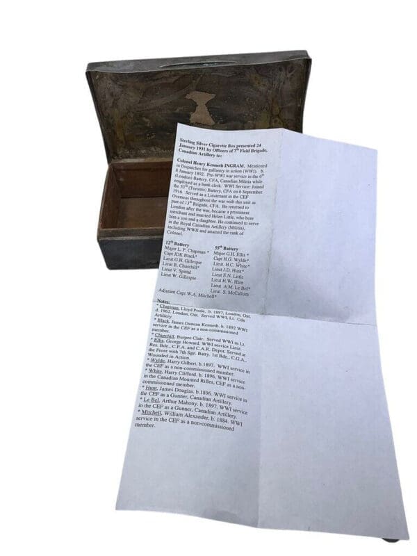 Canadian Sterling Silver Hallmark Cigarette Box Presented 7th Field Brigade CFA